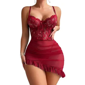 Goddess wardrobe Goddess Exclusive Girece Sexy Lingerie for Women Babydoll Lingerie Dress with Underwire Push Up Bra, Lace Chemise with Ruched Tummy Ruffle Hem