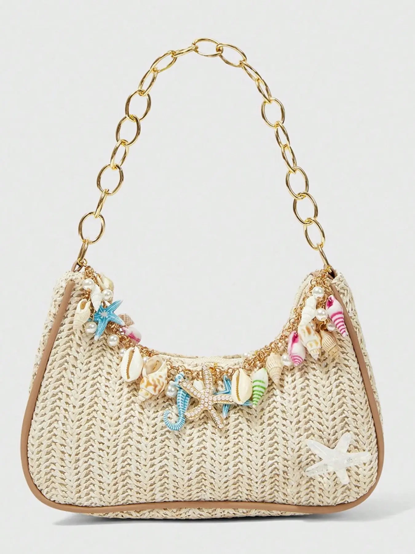 Shell Star Grass Woven Underarm Bag, Chain Mini Braided Bag, Summer Beach Vacation Women's Shoulder Bag, Aesthetic Shoulder Bag