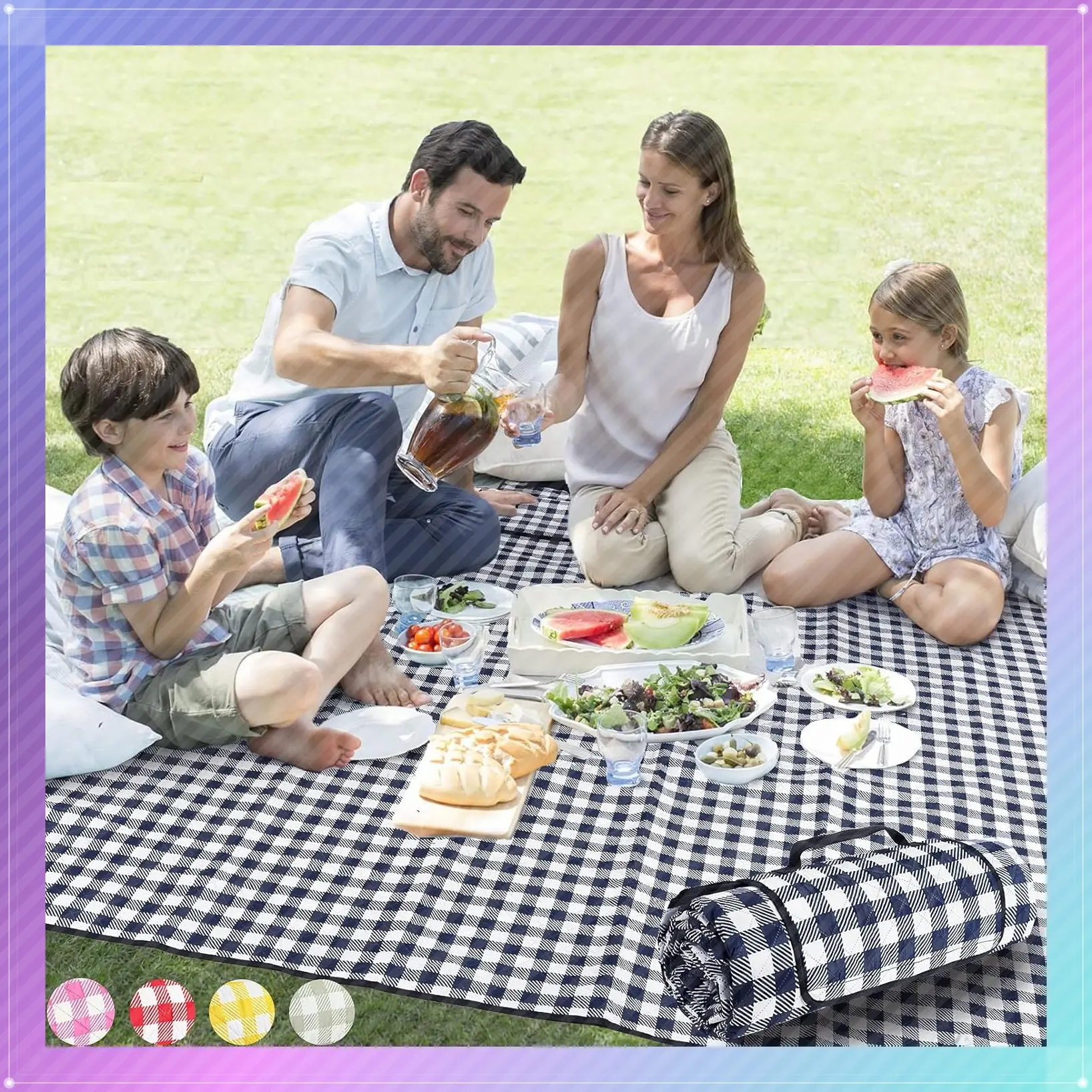 Extra Large 80''x80'' Waterproof Sandproof Machine Washable Picnic Blanket, Foldable Compact Beach Mat for Spring Summer Camping, Park, Travel, Blue and WhiteGift