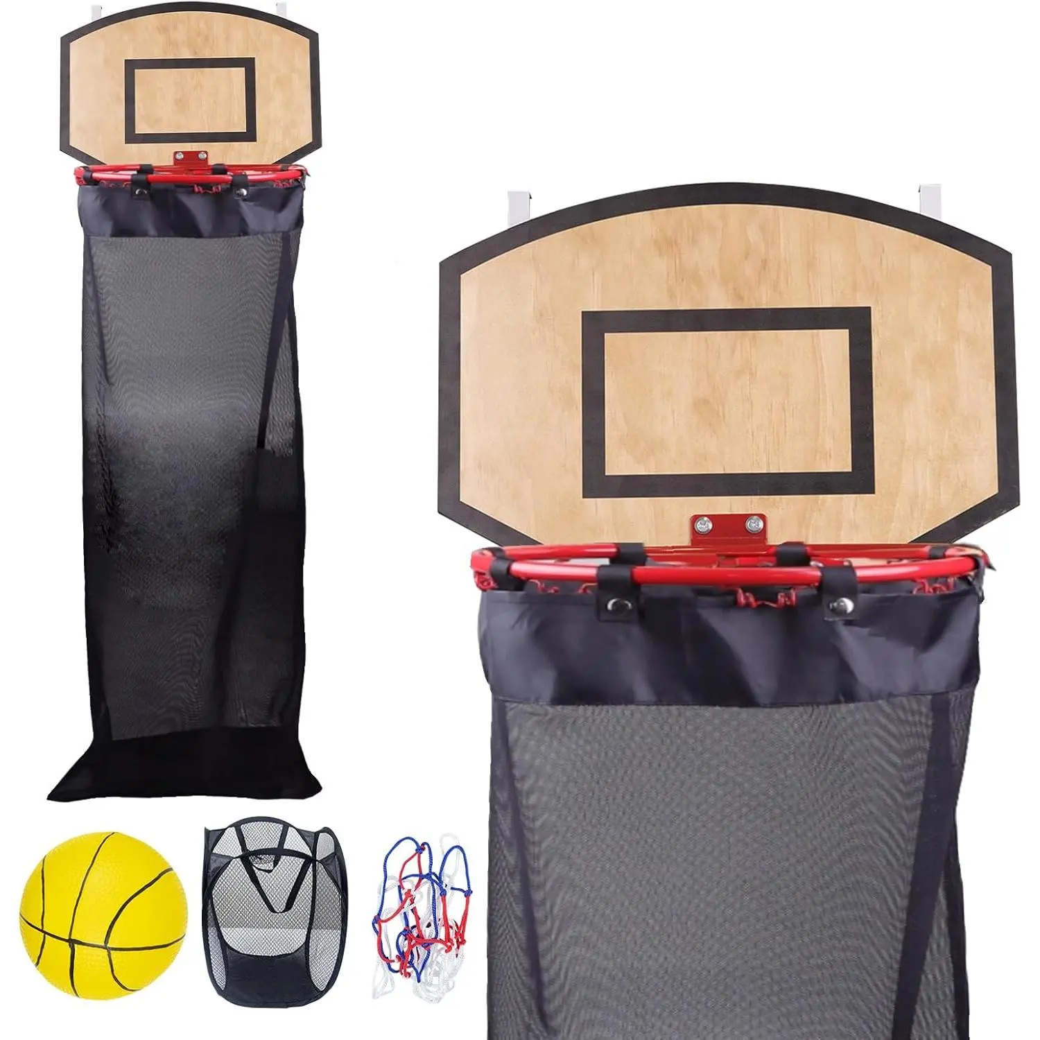Basketball Laundry Hamper, Over The Door Hoop with Laundry Basket, Sports-Themed Hamper Organizer Set with Backboard, Ball, Net, Air Pump & Hooks for Bedroom or Bathroom