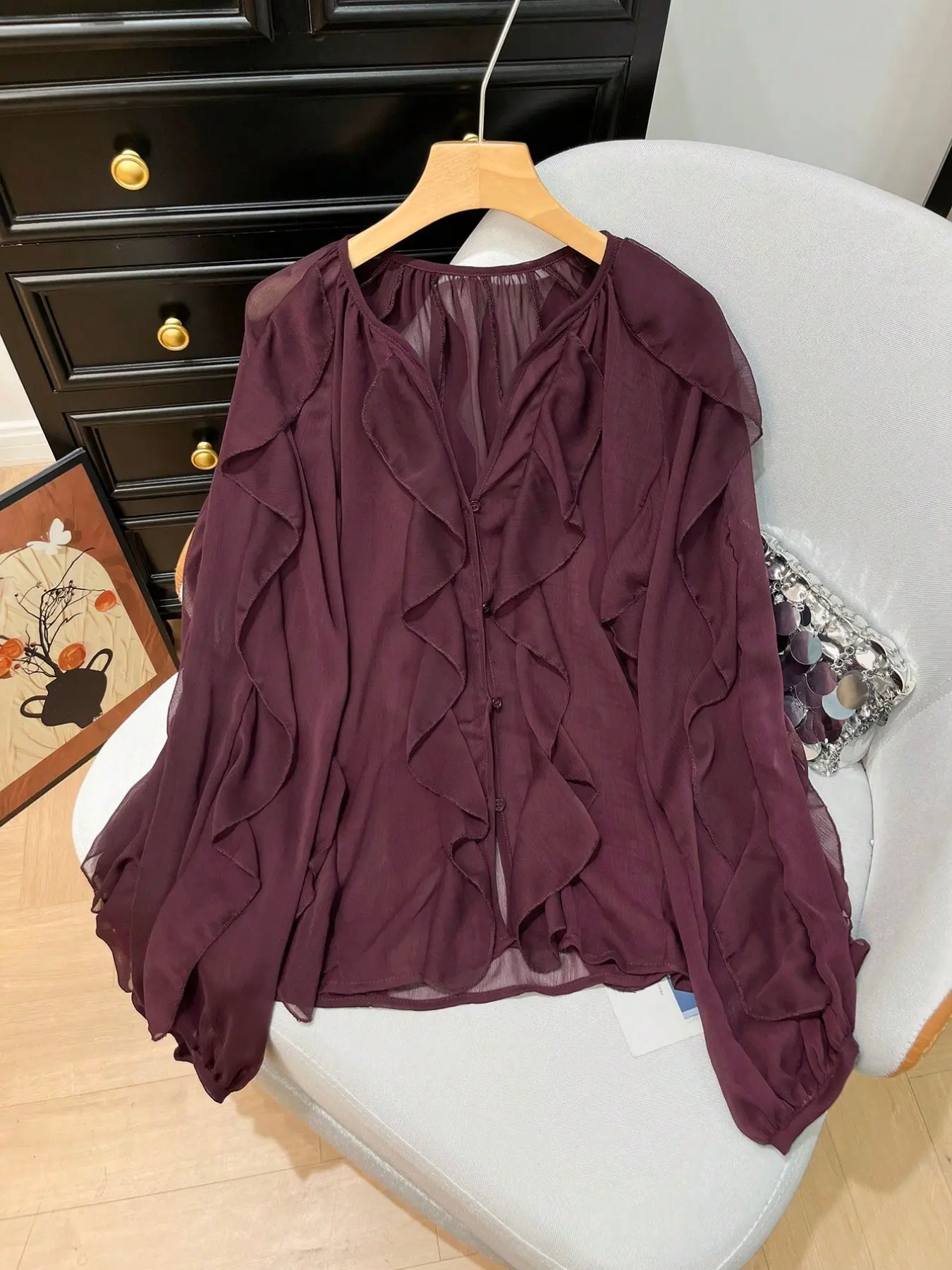 Women's Summer/autumn Casual Elegant Fashion Loose Wine Ruffled Shirt, June Festival Vacation Season, Stylish and Comfortable