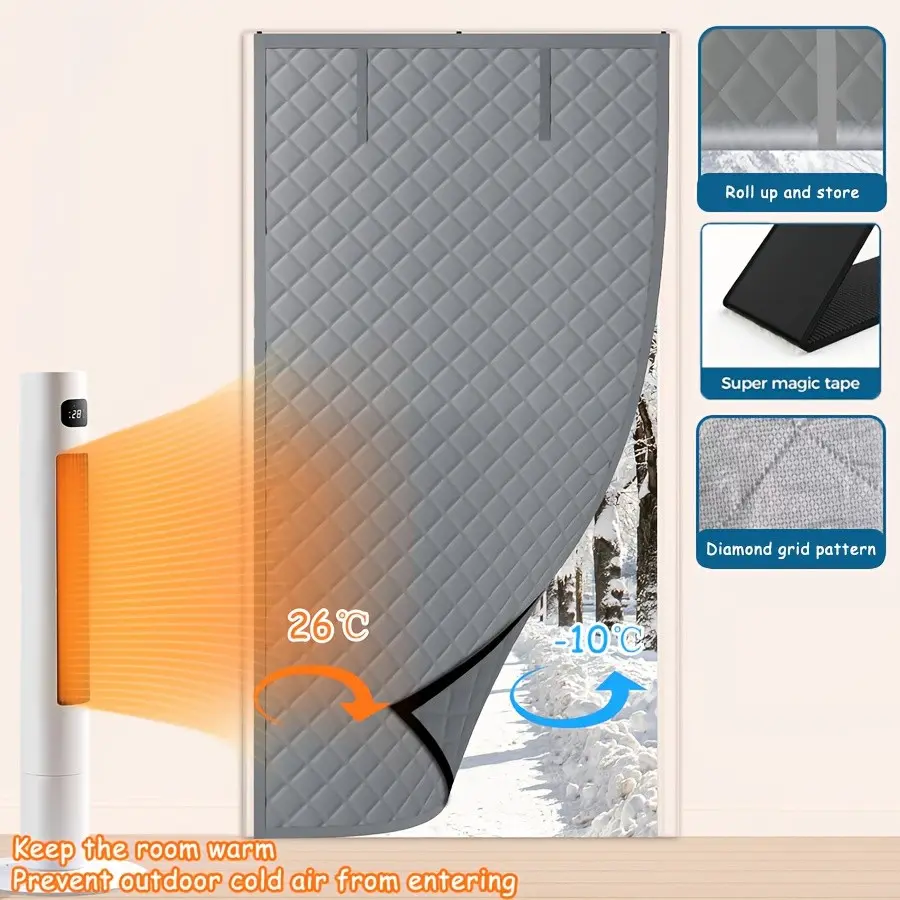 Rollable Magnetic Thick Cotton Door Curtain, Diamond Grid Wind Insulation, Soundproof Privacy Shield, Thermal Curtain for Home Garage