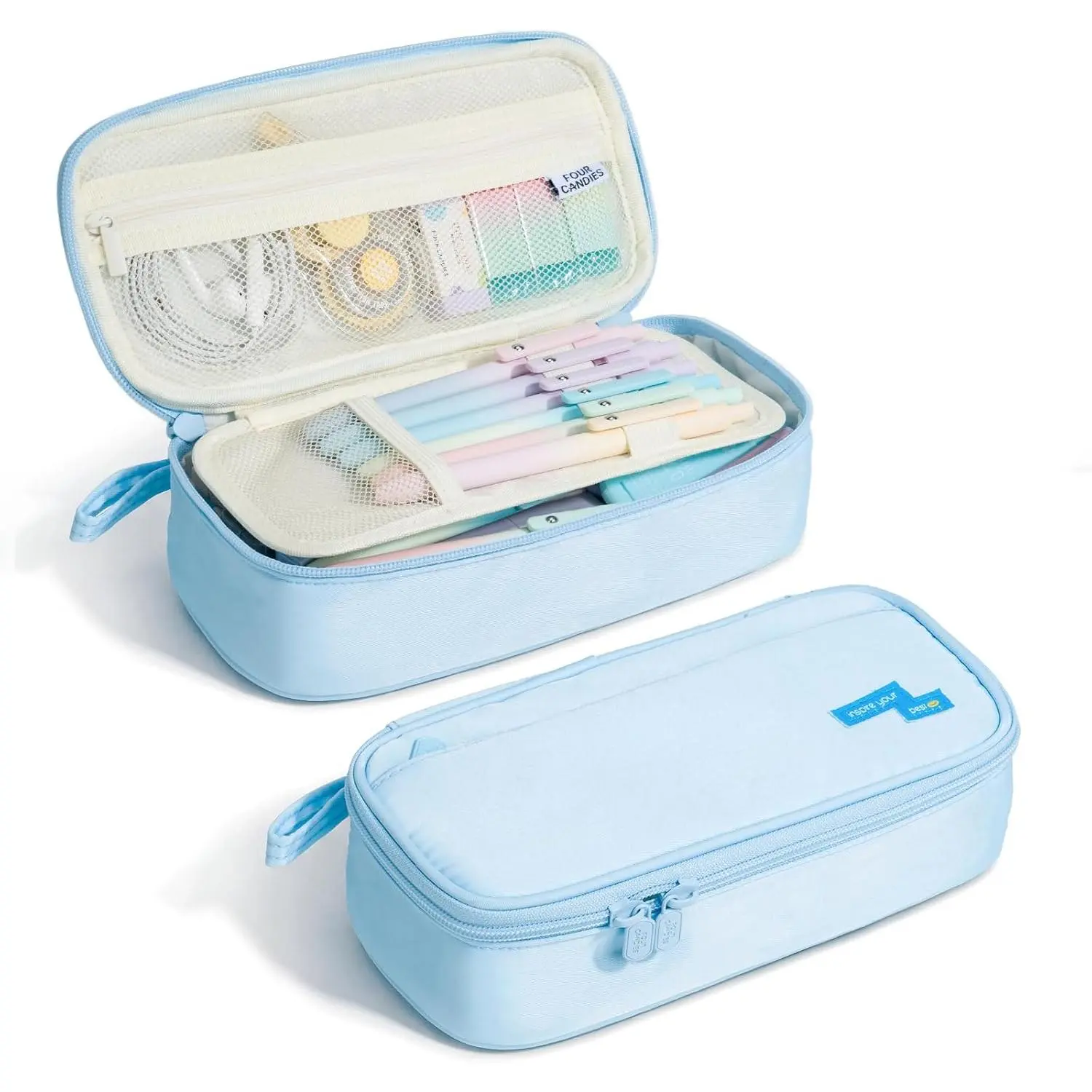 Zippered Large-Capacity Pencil Case - Portable Marker Holder Organizer for Office, Soft Office Stationery Bag (Blue)