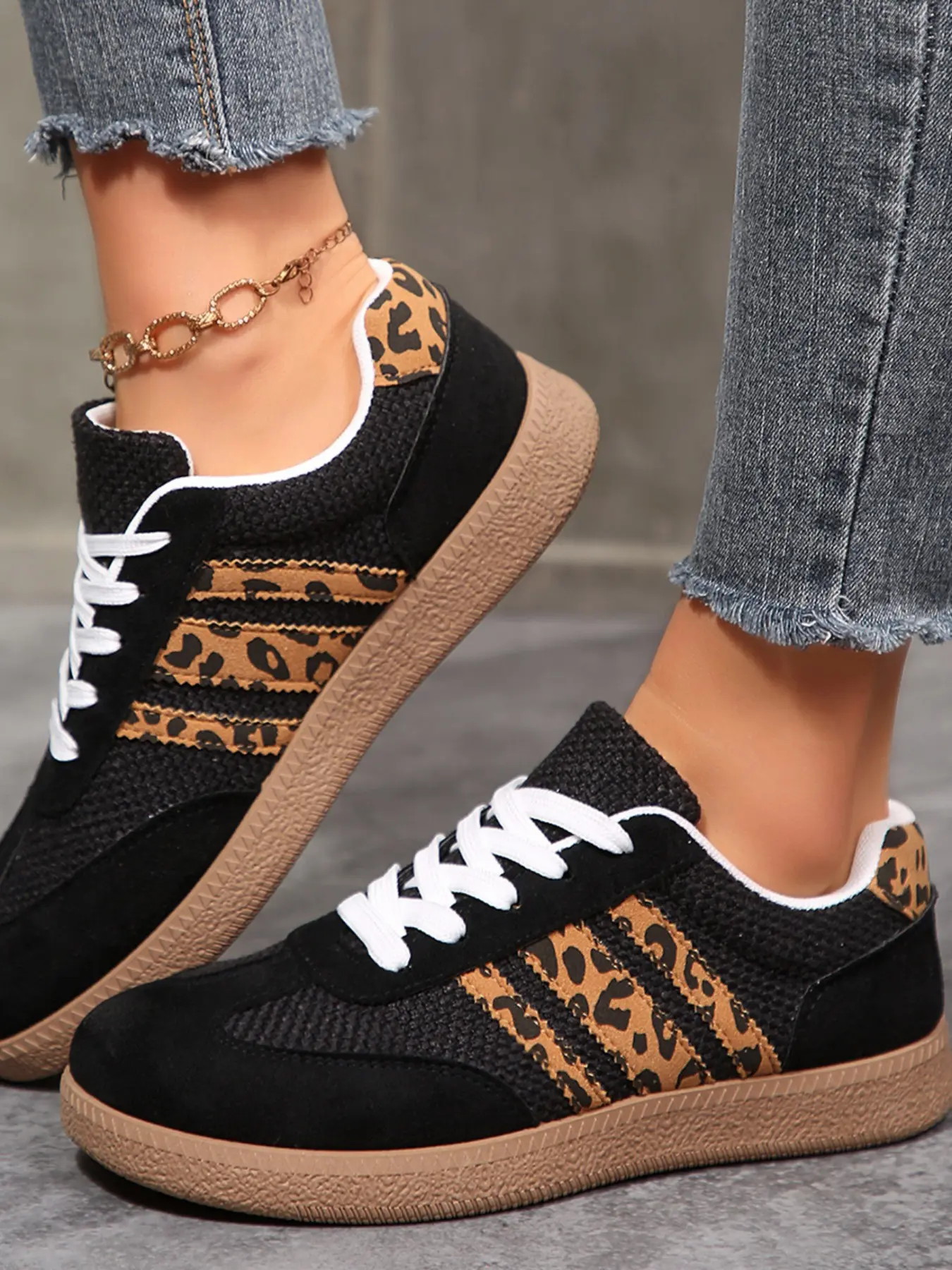 Leopard Print Mesh Patchwork Knit Shoes, Breathable Loose Round Toe, Trendy Colorblock Retro Design, Comfortable Military Trainer