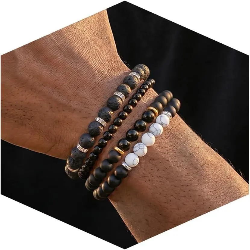 Men's Natural Stone Beaded Bracelet Set, 4 Pcs Stretch Stacking Bracelets with Lava Rock, Onyx, Tiger Eye, Howlite Beads