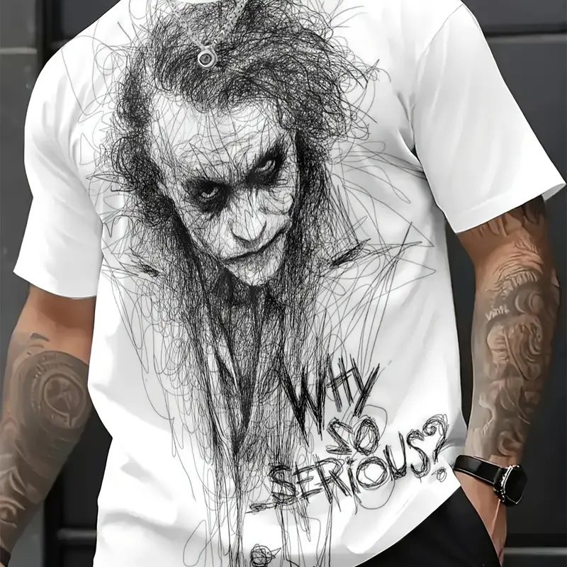 Regular Fit Round Neck Clown Print Men's T-Shirt, Cool Graphic Tee, Summer Casual Short Sleeve Top, Breathable Mesh Fabric for Outdoor and Sports Activities