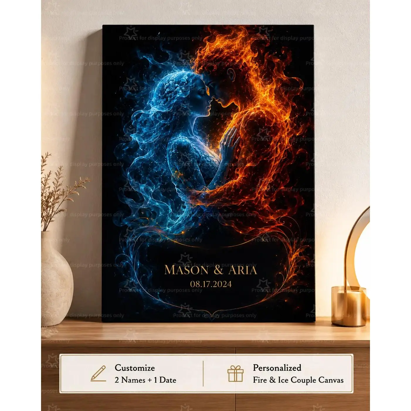 Custom Fire and Ice Couple Canvas Poster Personalized 2 Names Date Print, Romantic Fantasy Love Wall Art, Anniversary Wedding Gift, Bedroom Living Room Decor, Aesthetic Poster Print, Custom Canvas Wall Decor