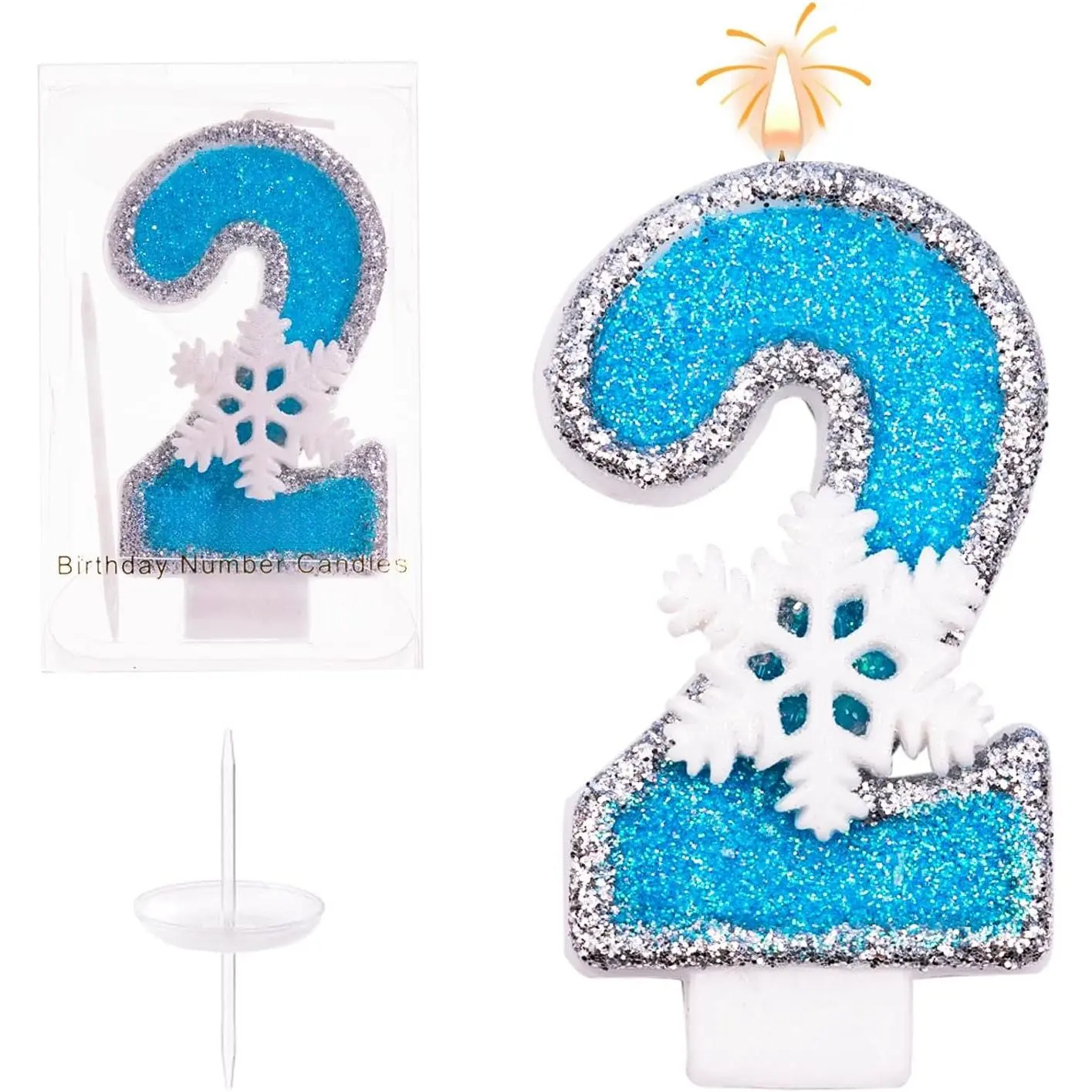 Frozen-Inspired Blue Snowflake Number 2 Wax Cake Candles - Sturdy Synthetic Decorative Topper, Magical Modern Family Birthday Cupcake Decor for Anniversary Festive Party Supplies