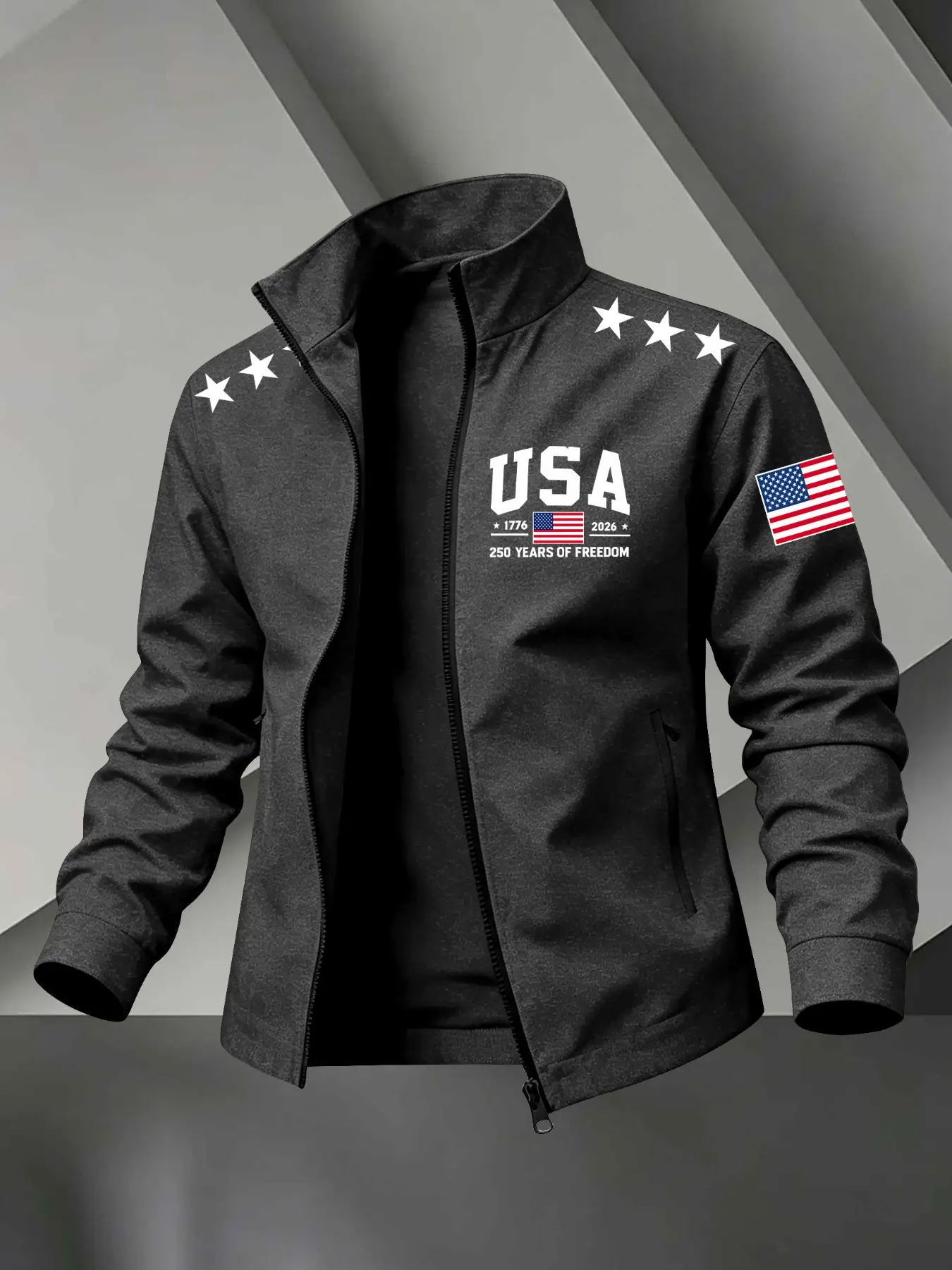 Men Stand Collar Zip Up Jacket, USA 1776-2026 250 Years Freedom Flag Star Graphic Print Casual Patriotic Outdoor Lightweight Windbreaker #USAJacket #PatrioticOuterwear #FlagPrintCoat #VintageAmericanStyle #TikTokMadeMeBuyIt