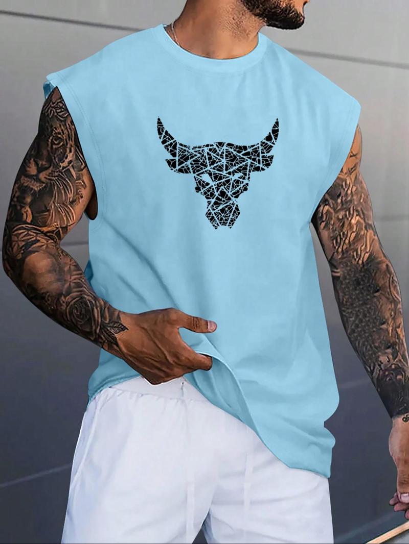 Men's  Bull Head Print Round Neck Tank Top, Casual Quick Drying Breathable Sleeveless Top, Athletic Workout Clothing for Gym Workout Running, Men's Clothes for Summer