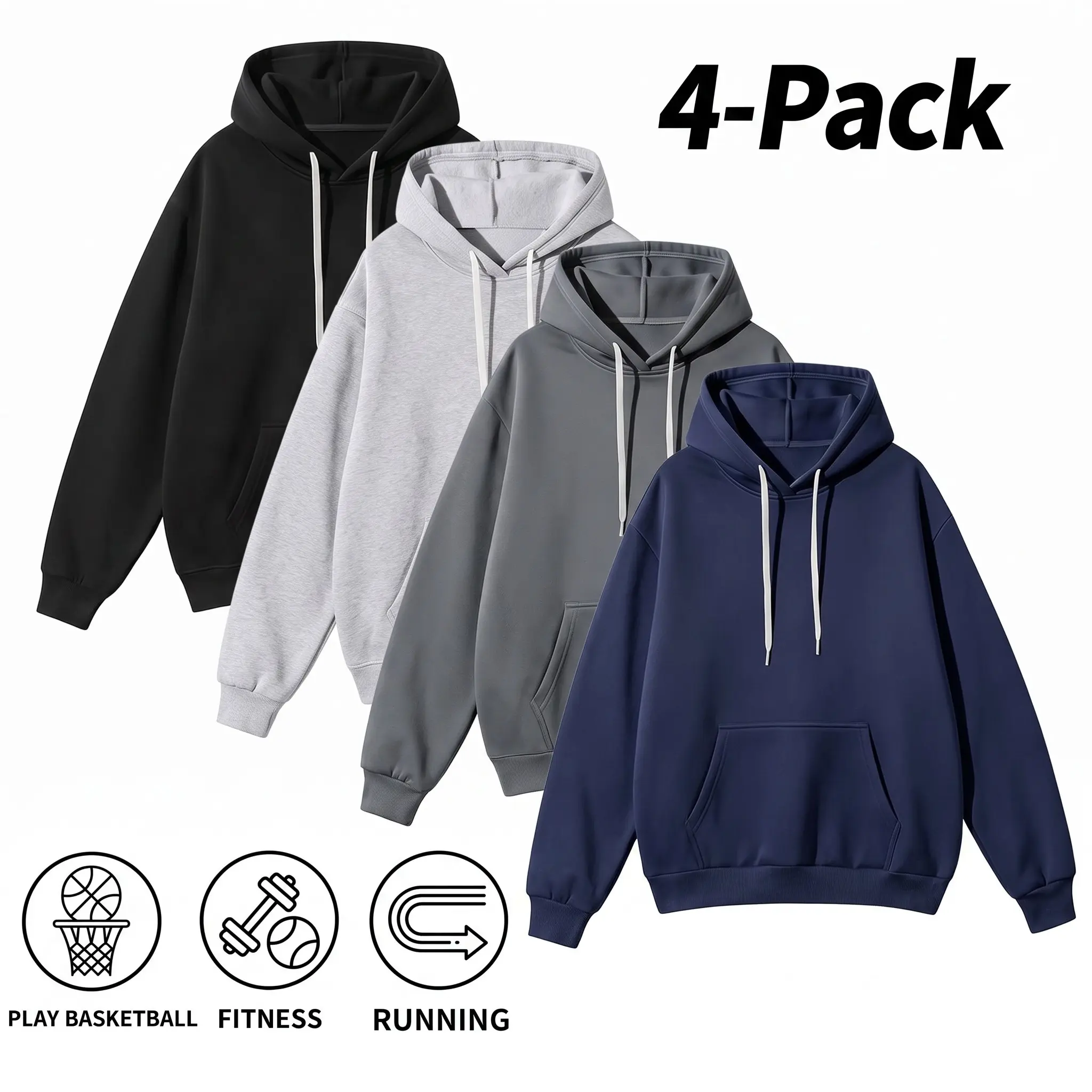 4-Pack Men's Solid Hooded Pullover Sweatshirt with a Relaxed Fit and Clean Design, Built as Trending Clothes and Wardrobe Winter Essentials for Everyday Casual Comfort and Versatile Styling.