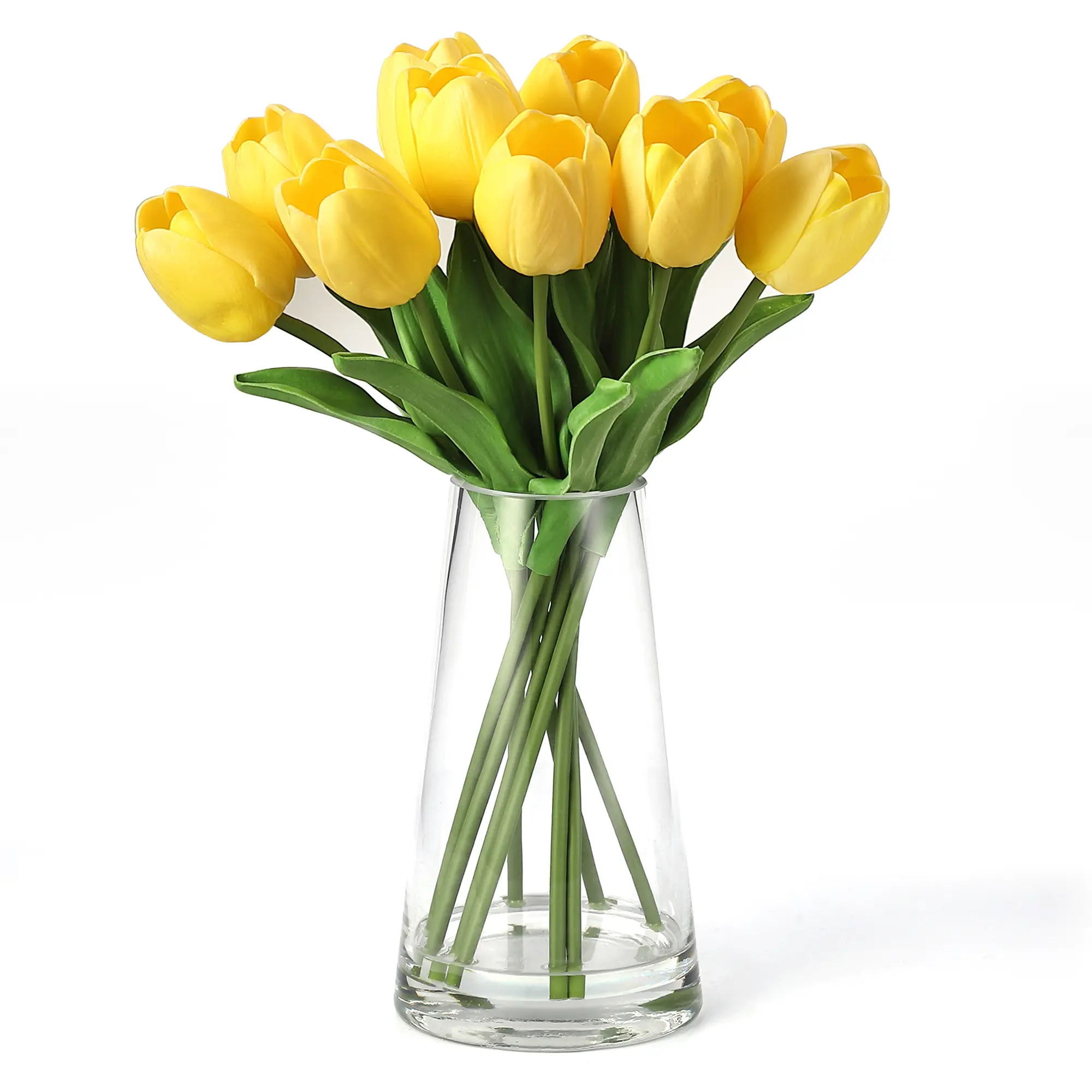 Artificial Tulips in Glass Vase with Faux Water, Lifelike Real Touch Silk Flowers, Elegant Home Decor