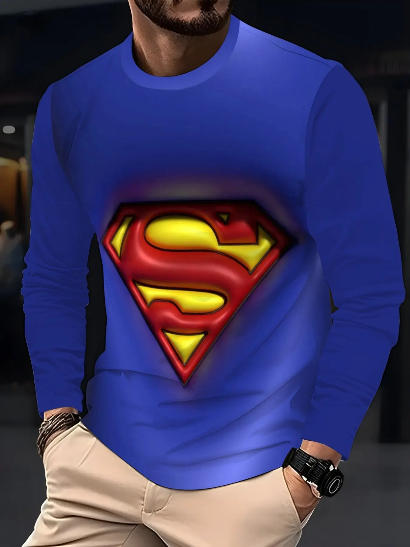 Warner Bros Men's 3D Superman Classic Logo Long Sleeve T-Shirt, Superhero Print Round Neck Top, Casual Street Style