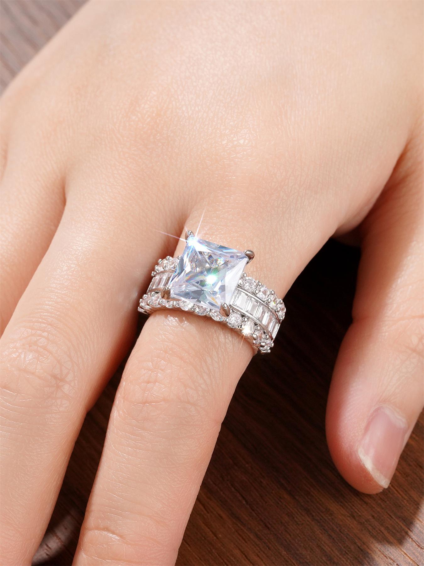 S925 Sterling Silver Artificial Zircon Emerald Cut Solitaire Ring, Wedding Engagement Ring, Fashion Accessories for Women, Trendy All-match & Exquisite Jewelry for Birthday Gift, Statement Ring