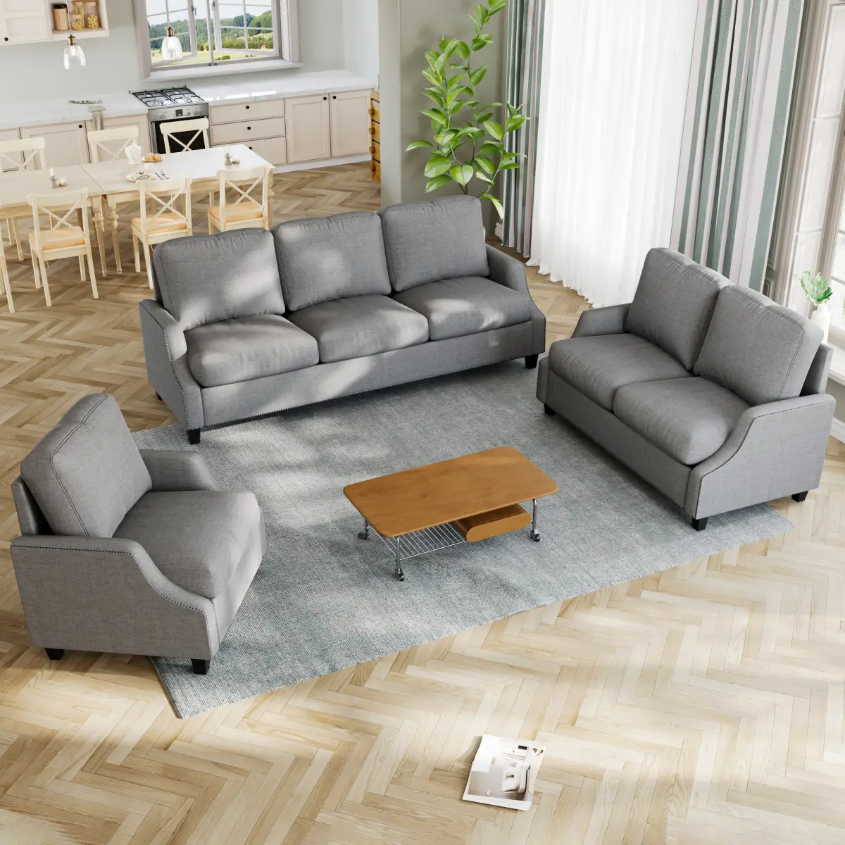 Aobtkel3 Piece Living Room Sofa Sets, Sectional Couch and Loveseat and Armchair Set, Modern 3 Seater Sofa + 2 Seater Couch+ Accent Chair Furniture Set for Apartment   WL