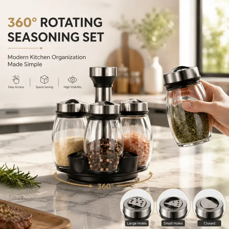 6-Jar Rotating Spice Rack Set. Modern kitchen storage, Spices Organizer, to keep seasonings tidy, ideal for various spices and condiments.