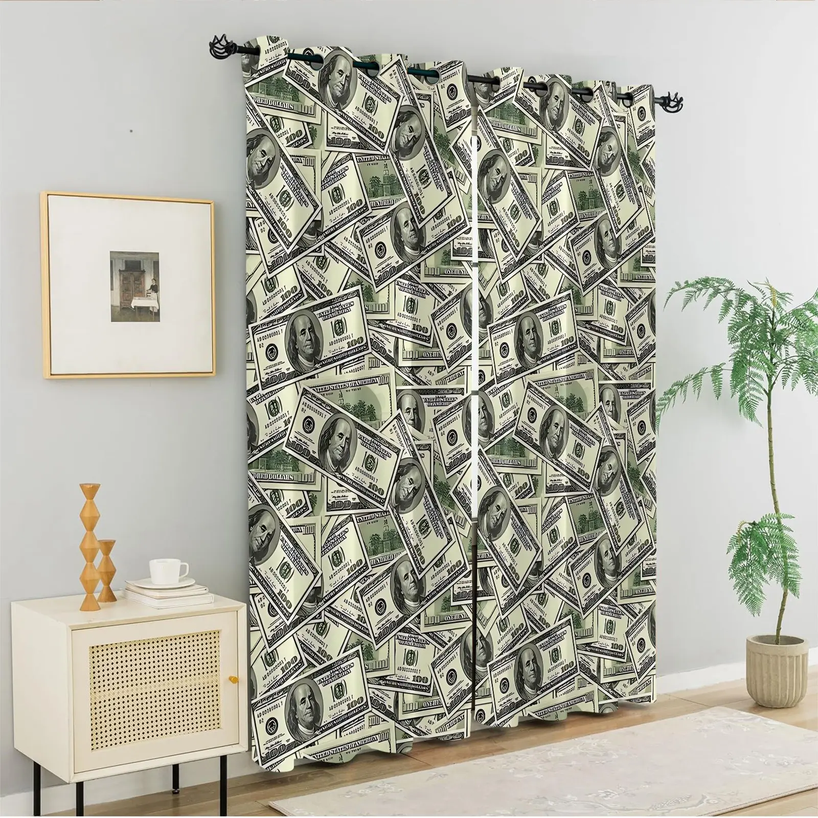 2 Panels Grommet Window Panels Blackout Curtains, Home Decoration Curtain, Thermal Light Blocking Window Drapes, All Over Print Dollar Bill Cash Fabric Window Coverings for Money Lover Teen Bedroom, College Dorm, RV Camper Interior Decor