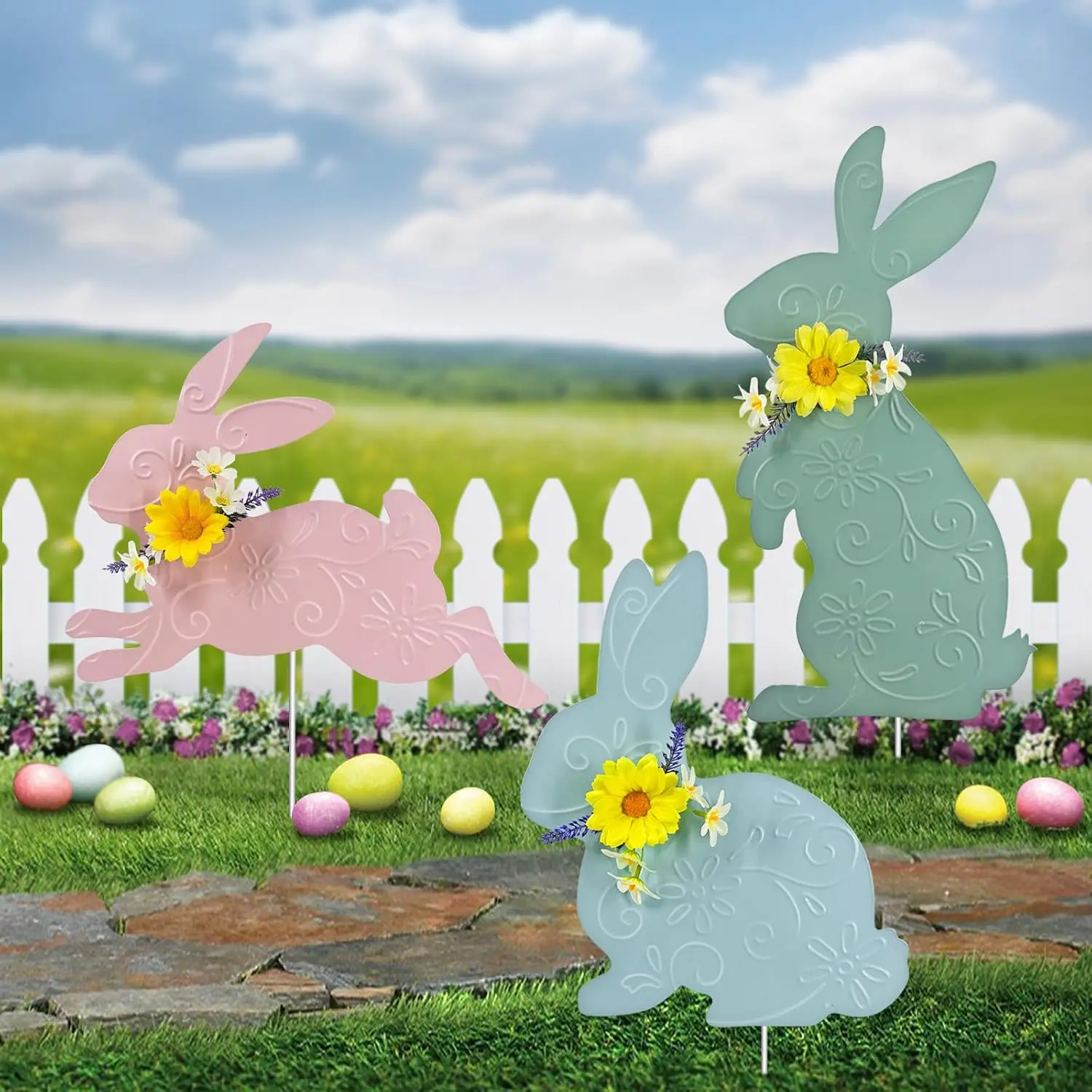 Easter Decorations Outdoor,3 Pack Metal Bunny Yard Sign Stakes for Outside,Pastel  Silhouettes Garden Decor for Lawn,Happy Easter Women Gifts