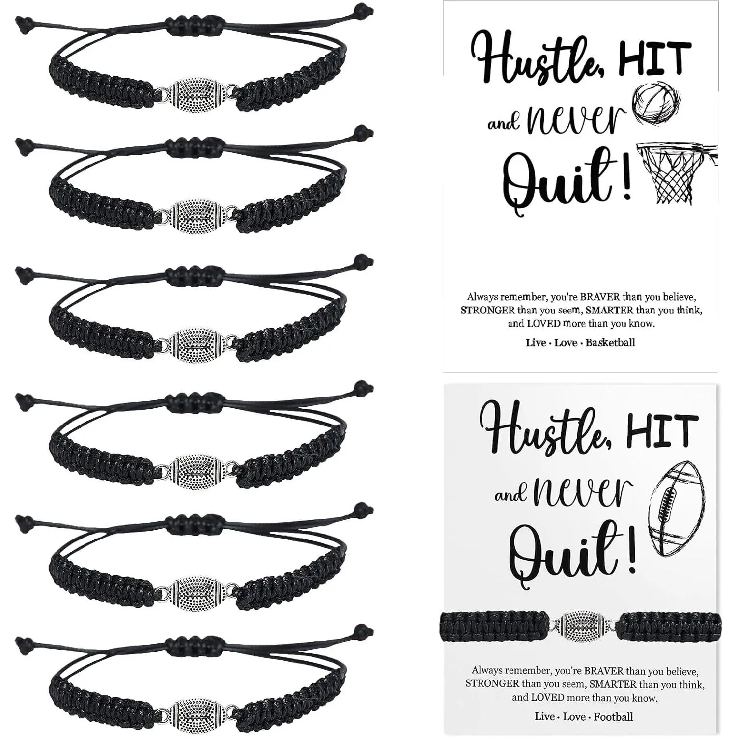 12 Sets  Bracelets Gifts Adjustable Woven Bracelets with Inspirational Cards Volleyball Basketball Football Soccer Tennis Softball  for Spots Team Players Party Favors bulk