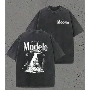 Modelo UFO Cowboy Graphic-Shirt – 230g Heavyweight Vintage Washed Cotton Retro Streetwear Tee With Cerveza Modelo Letter Print, UFO Western Cowboy Desert Scene Design, Y2K Oversized Casual Short Sleeve Men's Summer Fashion  Summervibes