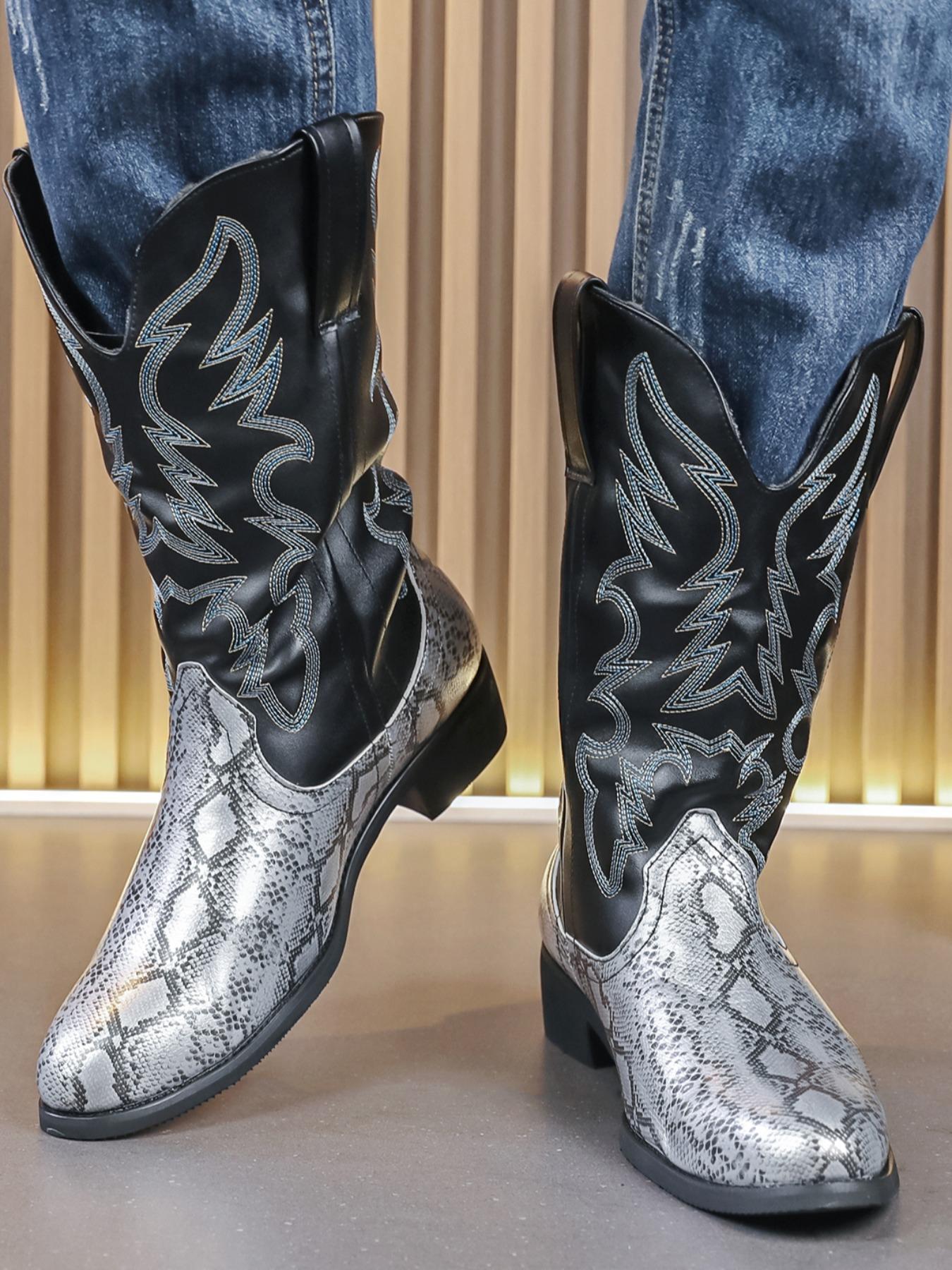 Men's Fashionable Snakeskin Print Embroidering Design Boots, Punk Style Cowboy Boots for Daily Wear, Western Embroidered Boots, Fashion Vintage Shoes for Party, Daily Clothing Decor Footwear