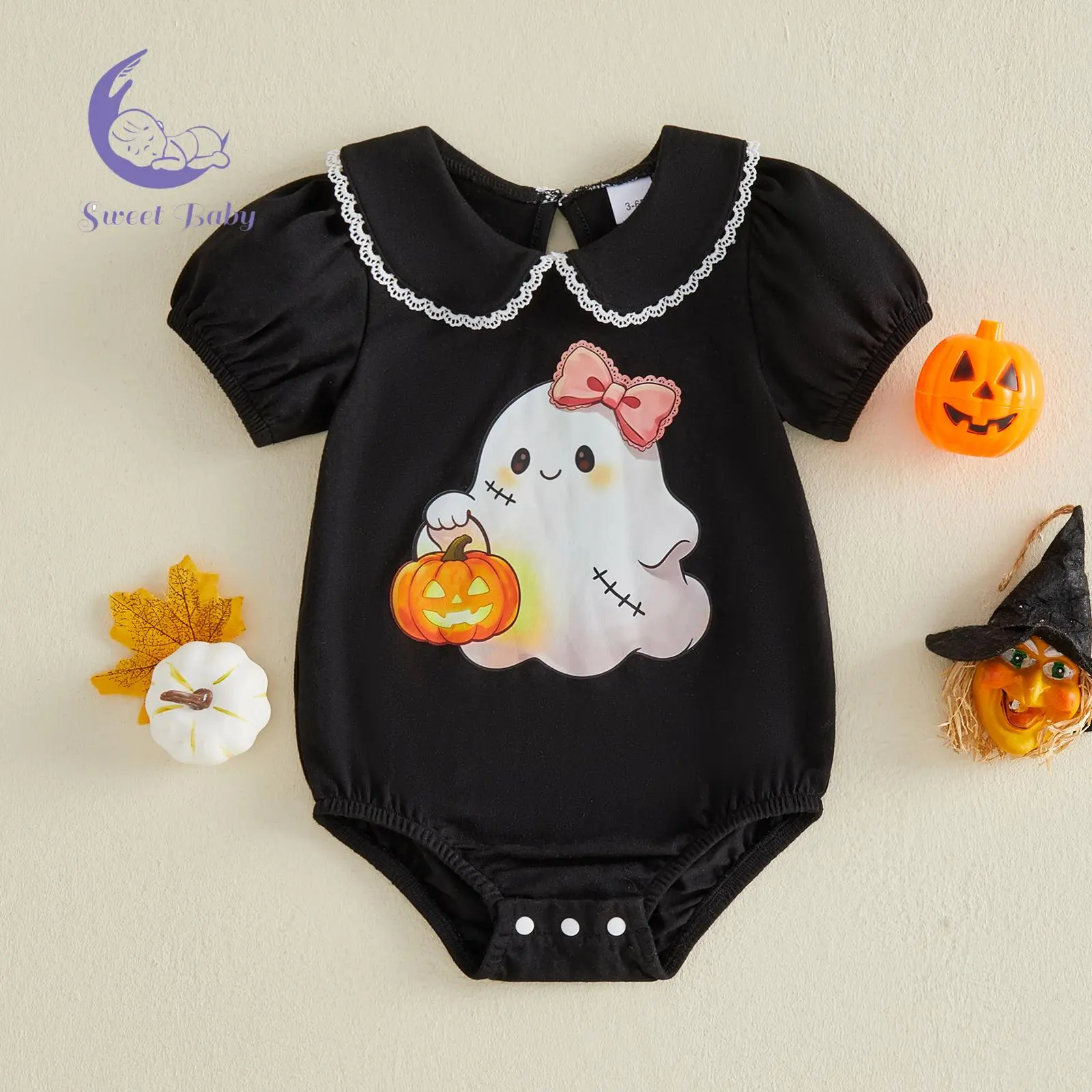 Baby Girls' Short-Sleeve Doll Collar Bodysuit - Halloween Ghost Print, Cute Look
