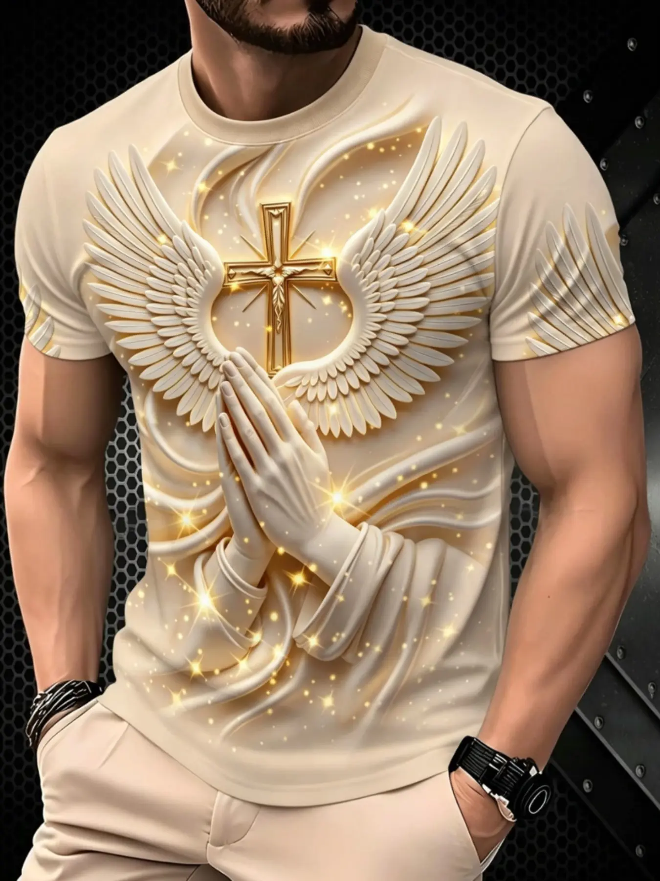 Men's Round Neck Short Sleeve T-Shirt with Graphic Prayer Cross and Wings Design, Casual Classic Fitted Long T-Shirt, Baroque Pattern, Plain Surface, Unlined Tops, Fashion Tees