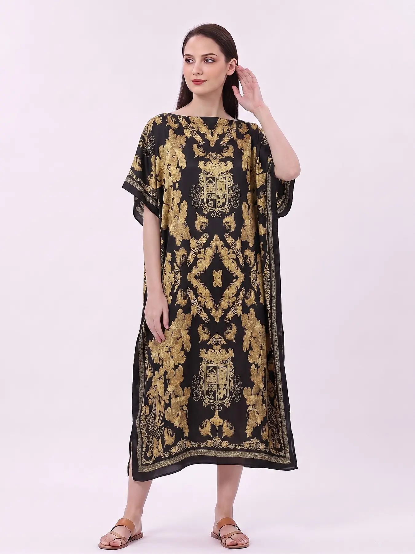 Retro Vintage Pattern Kaftan Maxi Dress |  Loose Casual House Dress Bohemian Vacation Outfit for Women Silky Smooth Loose Fit Resort Dress Elegant Summer Beach Cover Up Loungewear