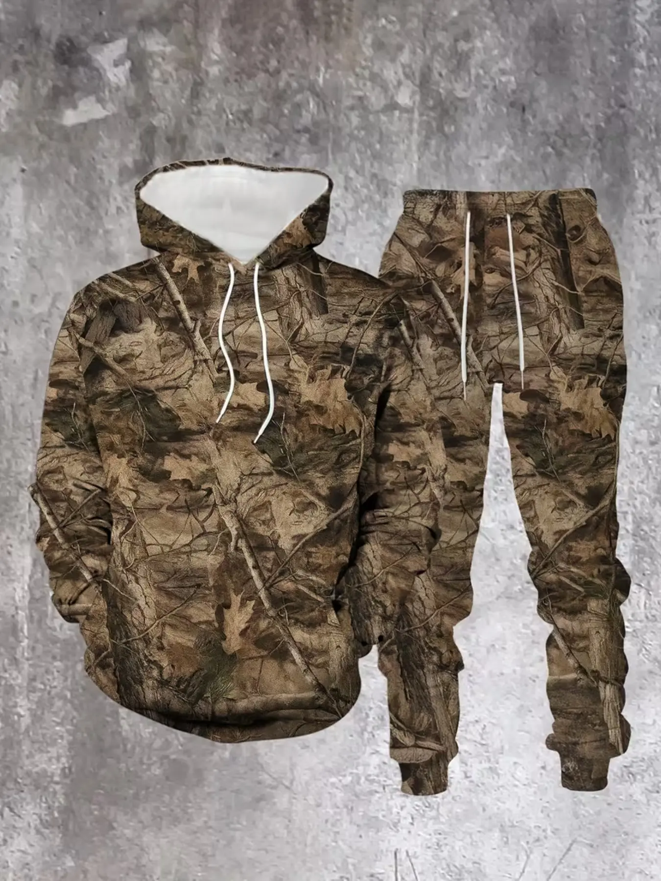 Men's Vintage Camouflage Hoodie Set, Long Sleeve Loose-Fitting Pants, Geometric Pattern, Casual Outdoor Camping Gear, Casual Style Set