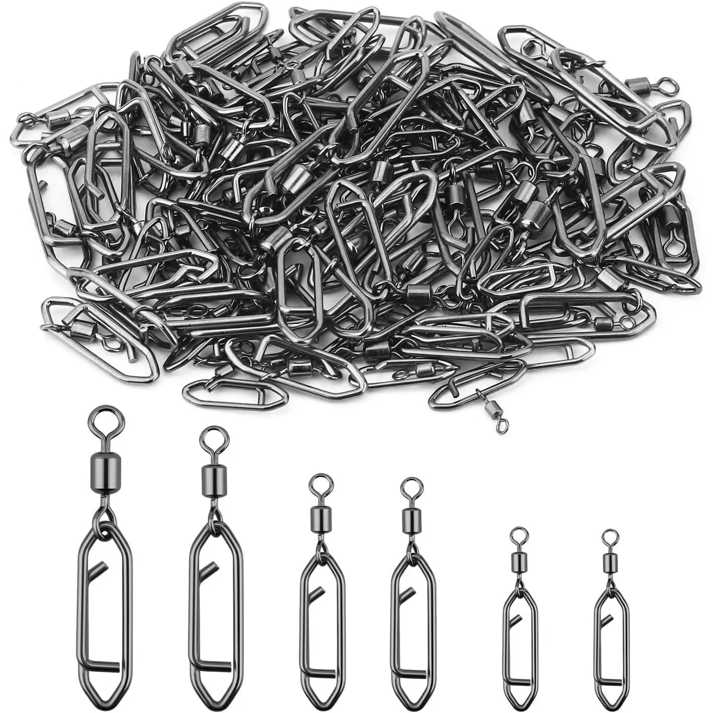 110 Pcs High Strength Fishing Swivels, Stainless Steel Snap Swivels with Quick Change Clips, Saltwater Freshwater Fishing Accessories, Black Nickel Coated