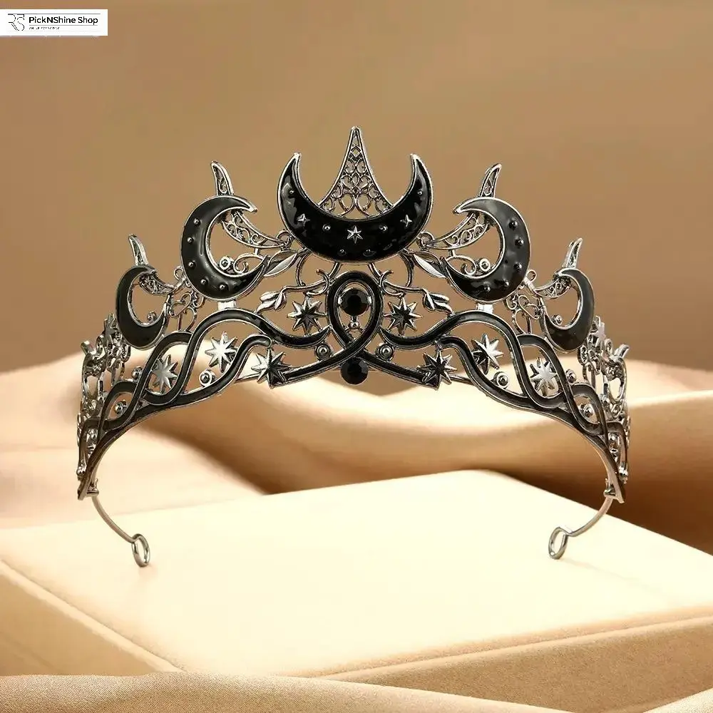 Celestial Moon Star Crown for Women, Gothic Silver Black Tiara Headpiece, Witchy Fantasy Hair Accessory with Crescent Moon and Star Details for Halloween Costume, Cosplay, Festival, Party and Photoshoot