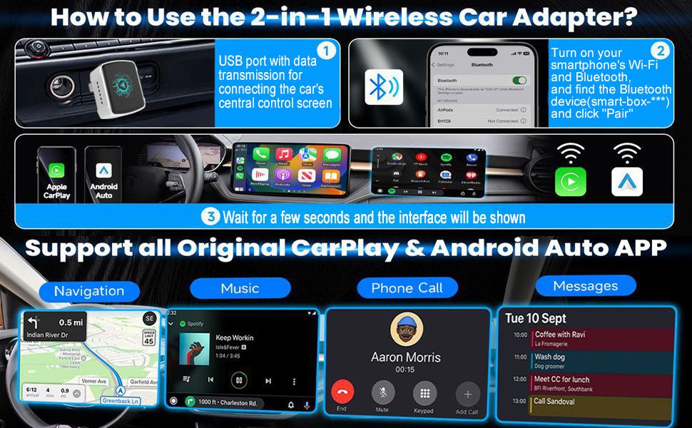 Wireless CarPlay Adapter & Android Auto (2-in-1) - Mini USB/USB-C Adapter Converts Wired to Wireless, Plug & Play, Stable Lag-Free for iPhone & Android (2025 Upgraded)