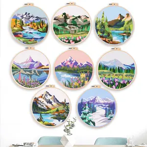 Traditional Chinese Style Embroidery Kit for Adults, DIY Landscape Mountain Pattern on Fabric, Handmade Needlework for Home Decor