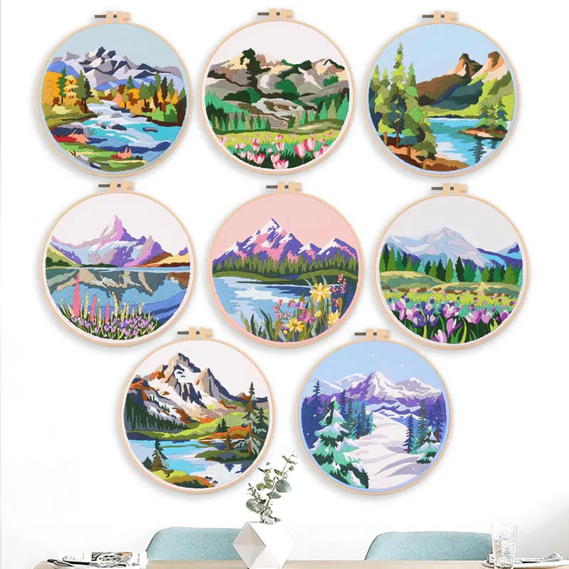 Traditional Chinese Style Embroidery Kit for Adults, DIY Landscape Mountain Pattern on Fabric, Handmade Needlework for Home Decor