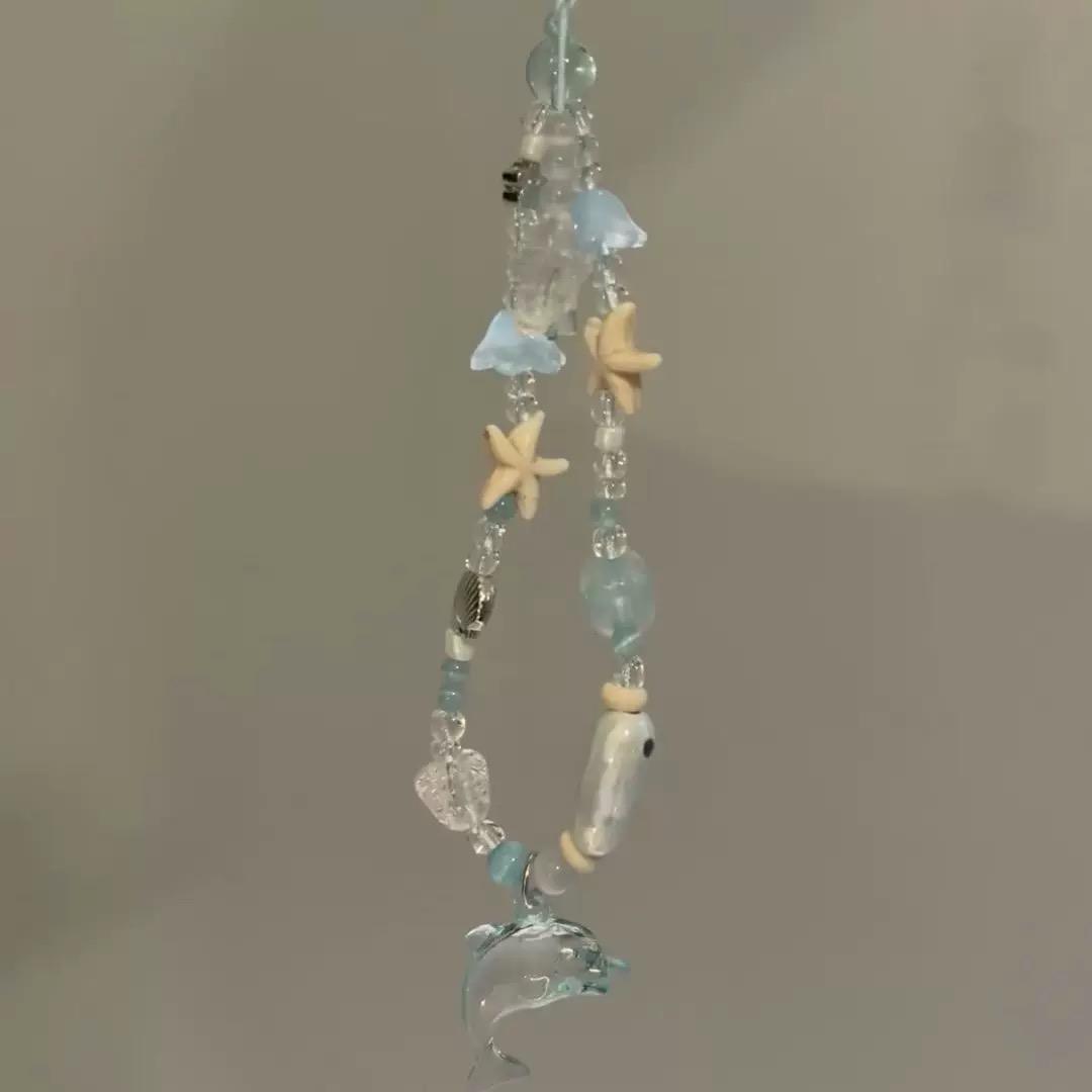 Handmade Acrylic Starfish & Dolphin Beaded Chain Bracelet Keychain Bag Decoration Coastal Design Durable Lightweight Material Decorative Accessories Keychain Bag Pendant