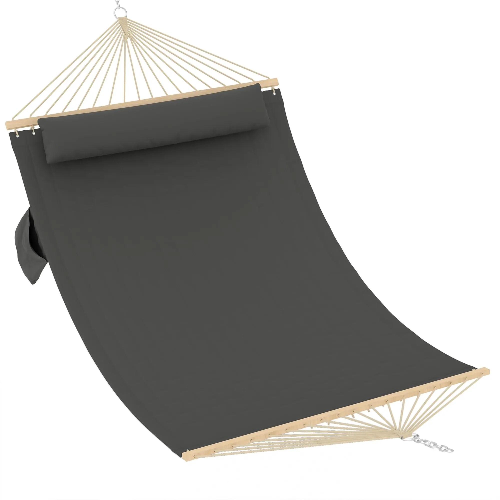 12FT Double Quilted Poly Cotton Hammock, Marine Varnished Wooden Spreader Bars, Adjustable Hanging Chains, Removable Pillow, 450 Lbs Heavy Duty Outdoor Hammock, Fade Resistant Breathable Fabric