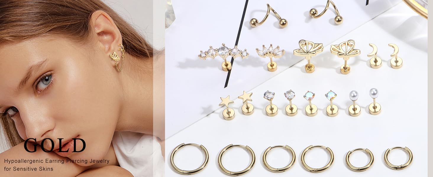 11Pairs 20G Stainless Steel Cartilage Earrings Set - Flatback Star Moon Butterfly CZ Studs Huggie Hoops Chain Dangles for Women Men Helix Tragus Piercing 11Pairs 20G Stainless Steel Cartilage Earrings Set - Flatback Star Moon Butterfly CZ Studs Huggie Hoops Chain Dangles for Women Men Helix Tragus Piercing