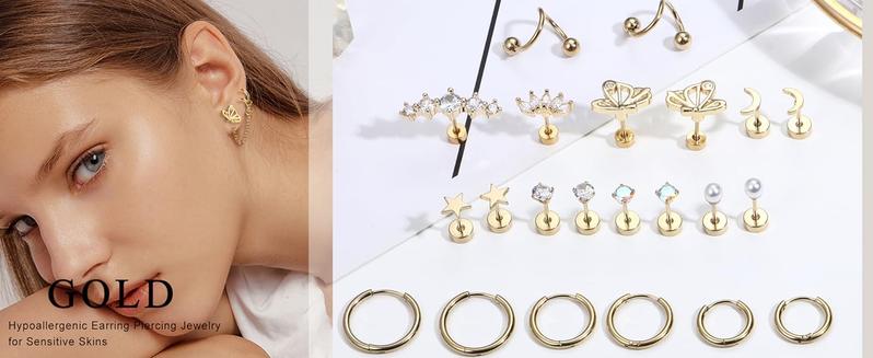 11Pairs 20G Stainless Steel Cartilage Earrings Set - Flatback Star Moon Butterfly CZ Studs Huggie Hoops Chain Dangles for Women Men Helix Tragus Piercing