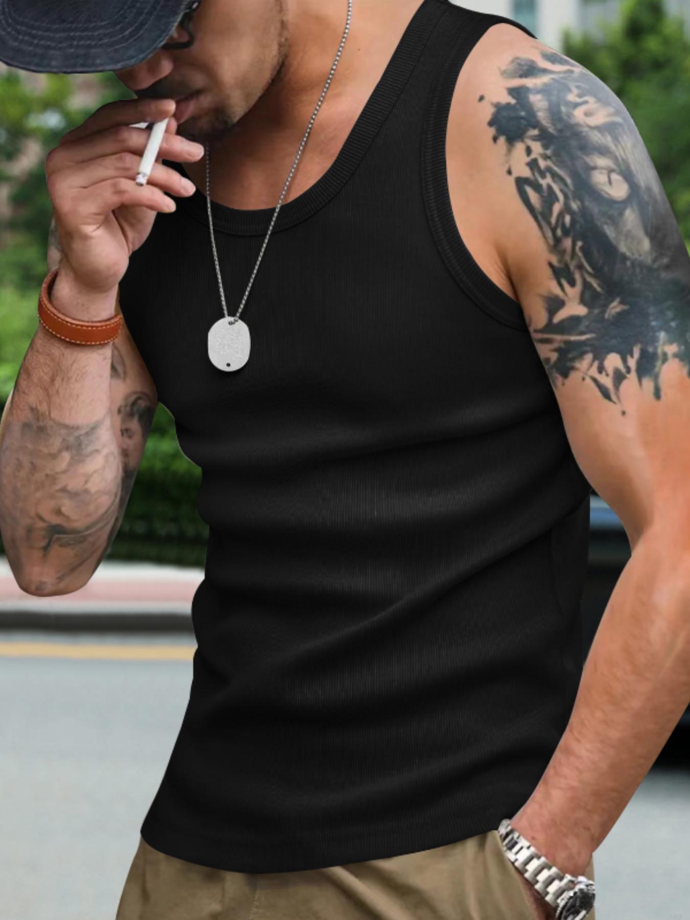 Men's Solid Racer Back Tank Top, Regular Fit Casual Breathable Scoop Neck Sleeveless Top for Daily Wear, Men's Clothes for All Seasons, Socks