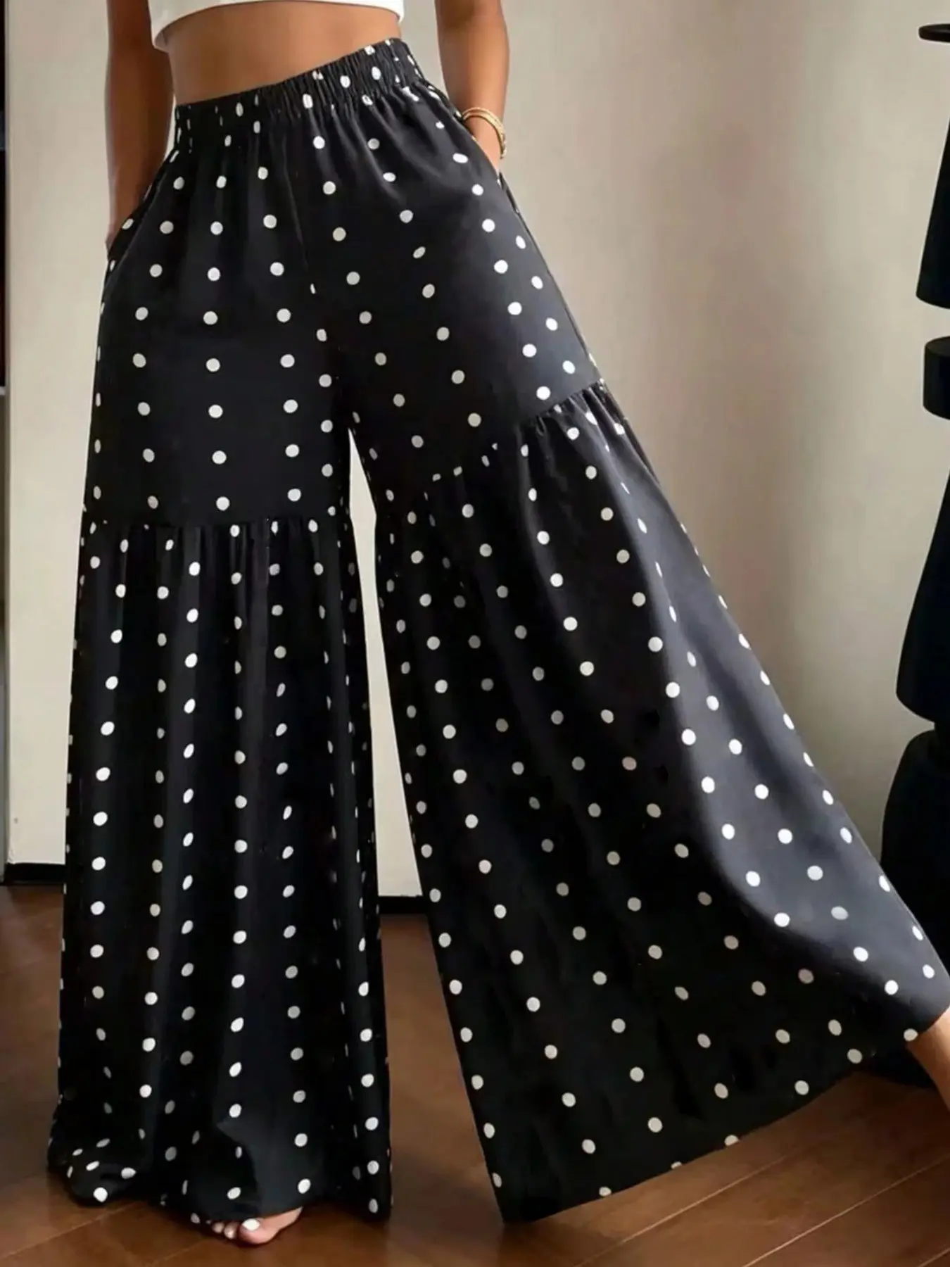 Elegant Polka Dot Print Wide Leg Pants for Women, Comfortable Loose Fit, Perfect for All Seasons, Casual Wear, Vacation Style, Bottoms