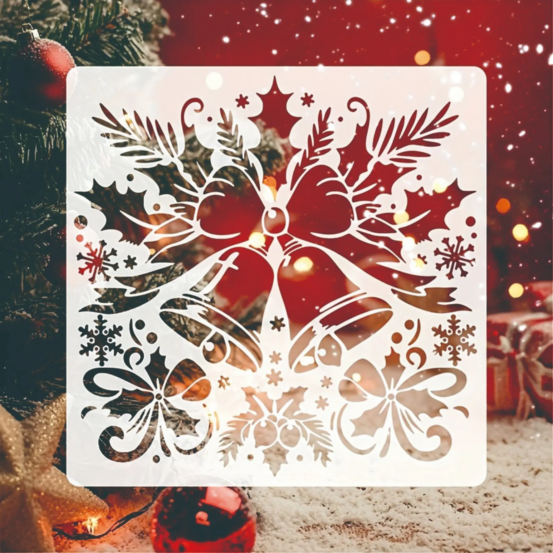 Christmas Bell DIY Painting Template, 15.24x15.24 Cm, Beautiful Christmas Elements, Bow, Holly Leaf, Snowflake, Santa Claus, Holiday Craft Supplies