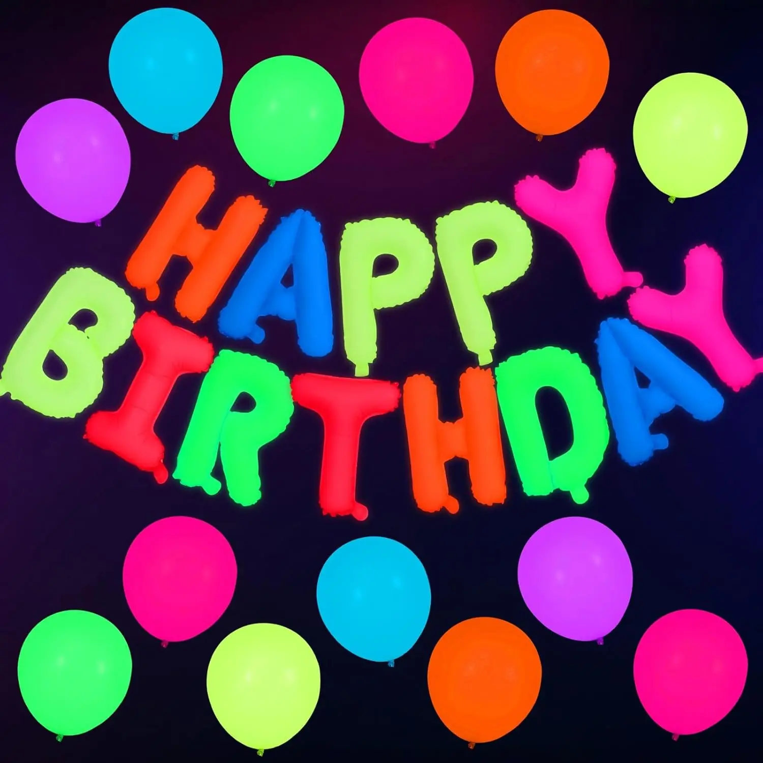 16 Inch Fluorescent Happy Birthday Balloons with 13 Pcs UV Neon Balloons Glow In The Dark UV Black Light Balloon VBS Decorations Balloon Set for Birthday Glow Party Decor Supplies