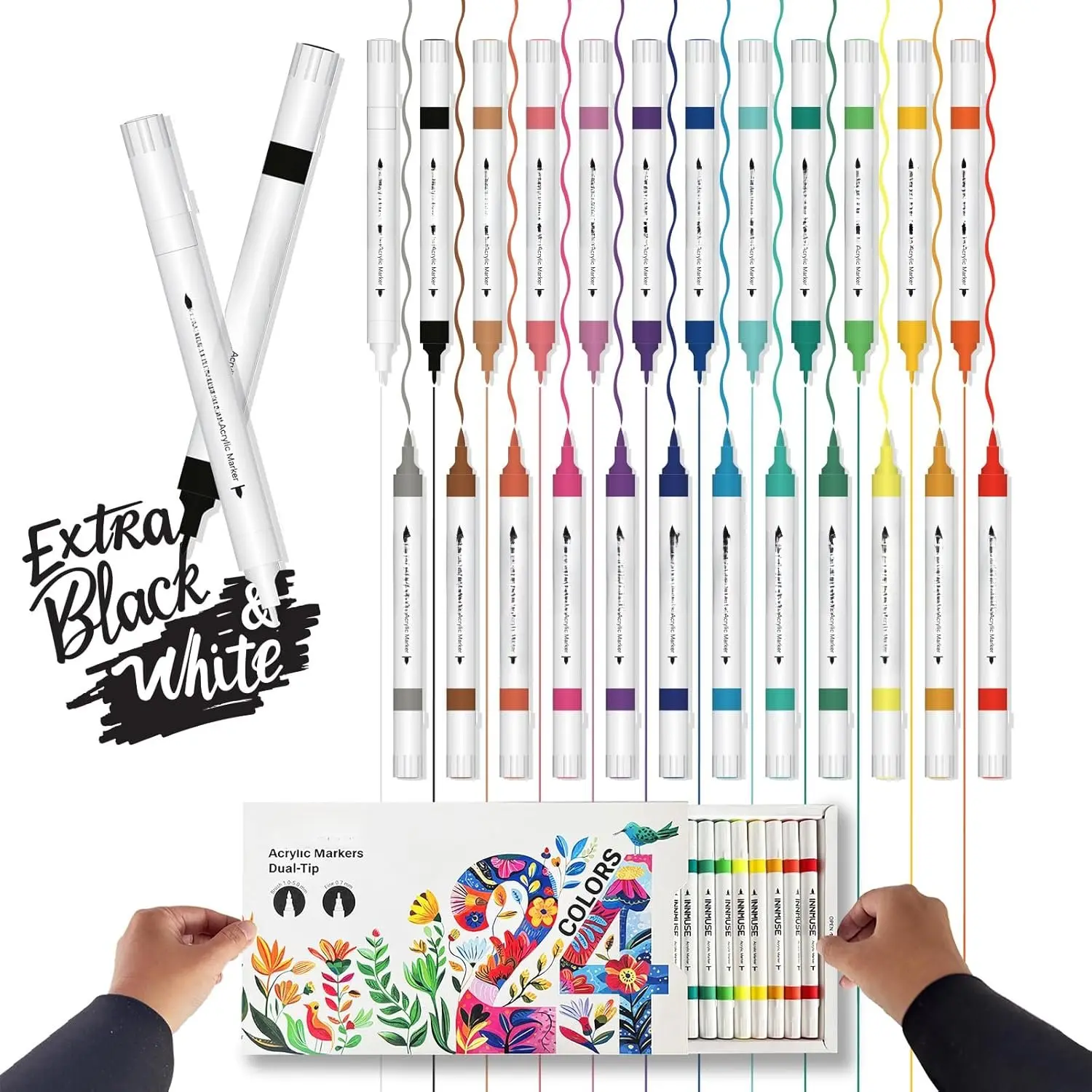 24 Colors (26 Markers)  Tip   Pens Set Includes Extra White & Black, 0.7mm Extra Fine Tip and Brush Tip, Permanent   Markers for Rock, Fabric, Porcelain,