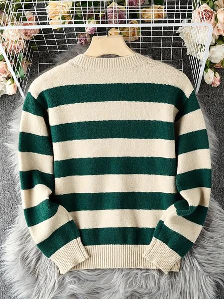 Women's Fall Winter Casual Loose-Fit Knitted Cardigan, Round Neck Colorblock Striped Sweater Coat, Soft Comfortable High-End Design
