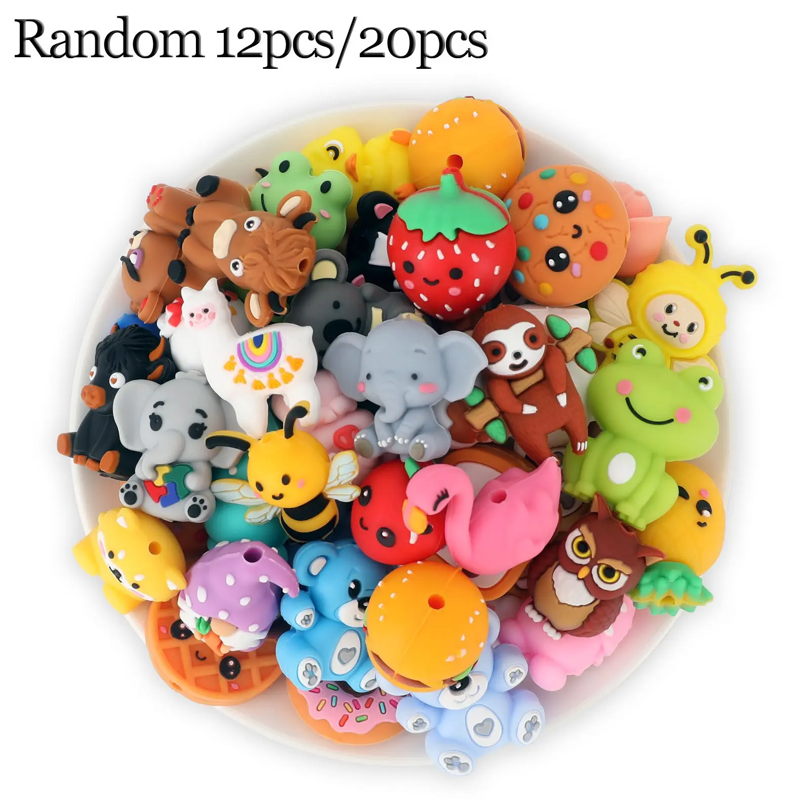 12pcs/20pcs 3D Silicone Beads Set, DIY Mix Beads, Decorative Beads, Beads For Crafts, DIY Jewelry Decoration, DIY Jewelry Keychain Pen Making, Random Cute Animal Food Plant Focal Beads, Craft Accessories, Beading Accessories for Homemade Gifts