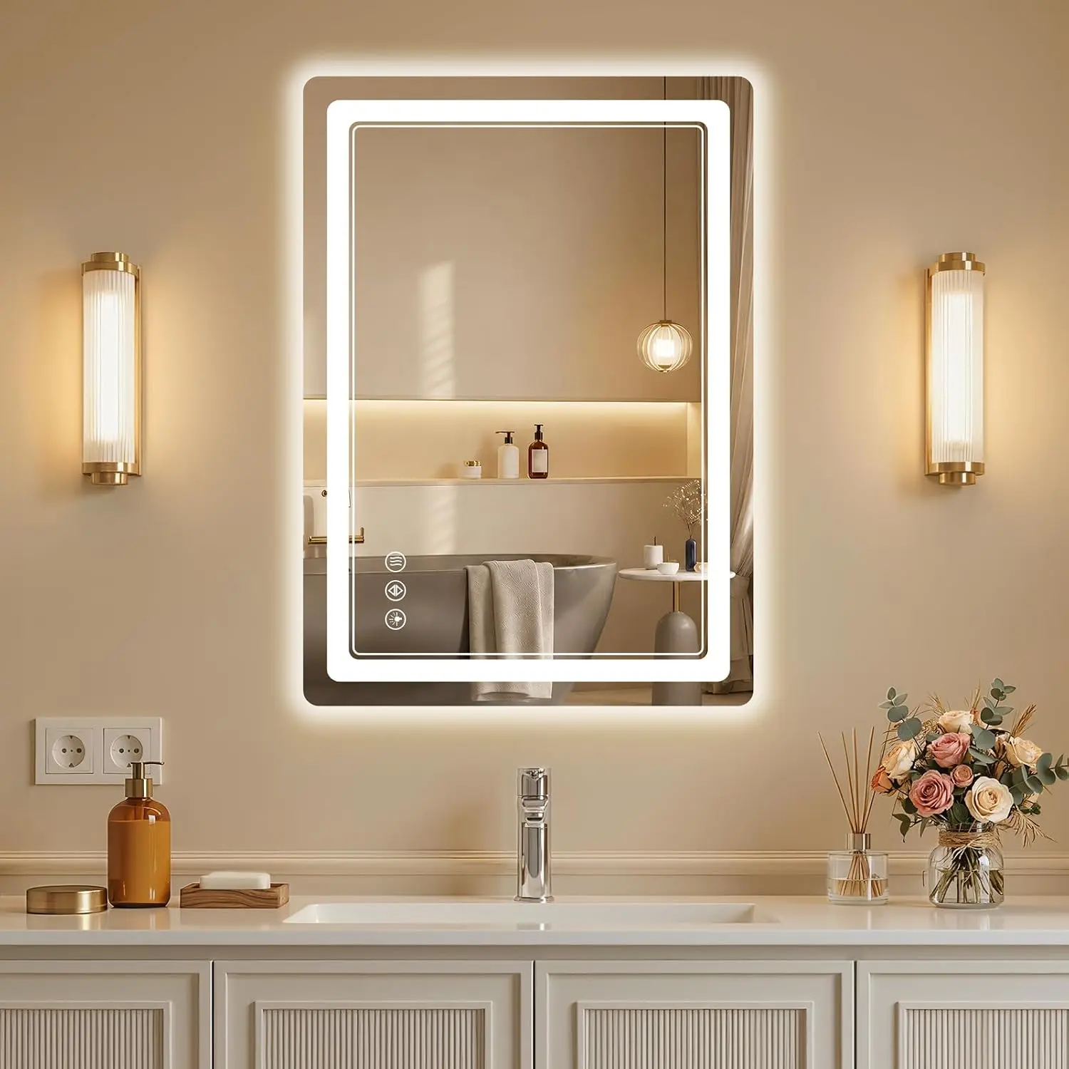 20"x28" Modern Rectangular LED Wall Mount Bathroom Mirror, Backlit + Front Lit, Anti-Fog, Dimmable, Memory Function, Shatterproof Tempered Glass (Horizontal/Vertical Installation)