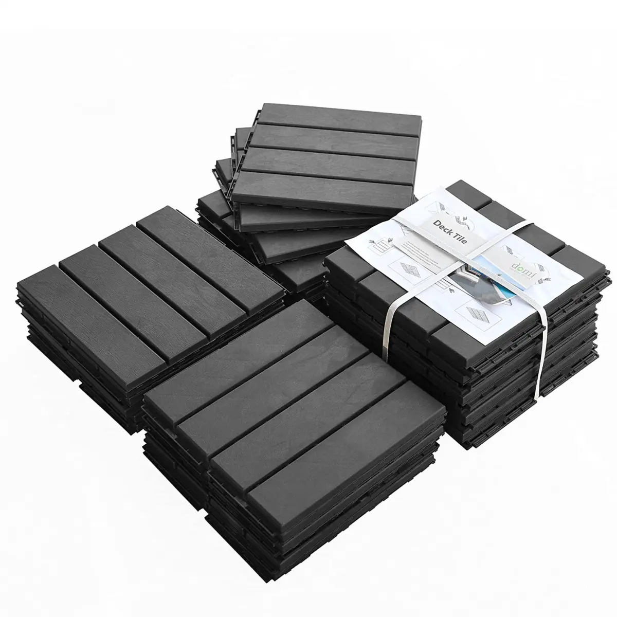Patio Interlocking Deck Tiles, 12"x12" Square Composite Decking Tiles, Four Slat Plastic Outdoor Flooring Tile All Weather for Balcony Porch Backyard, (Dark Gray, Pack of 44)