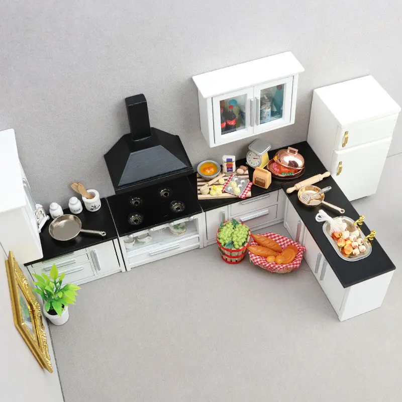 7Pcs 1:12 Dollhouse Kitchen Set White Gold Cabinets Table Stool Sink Compact Wood Look Dolls Diorama Christmas Easter New Year Gift