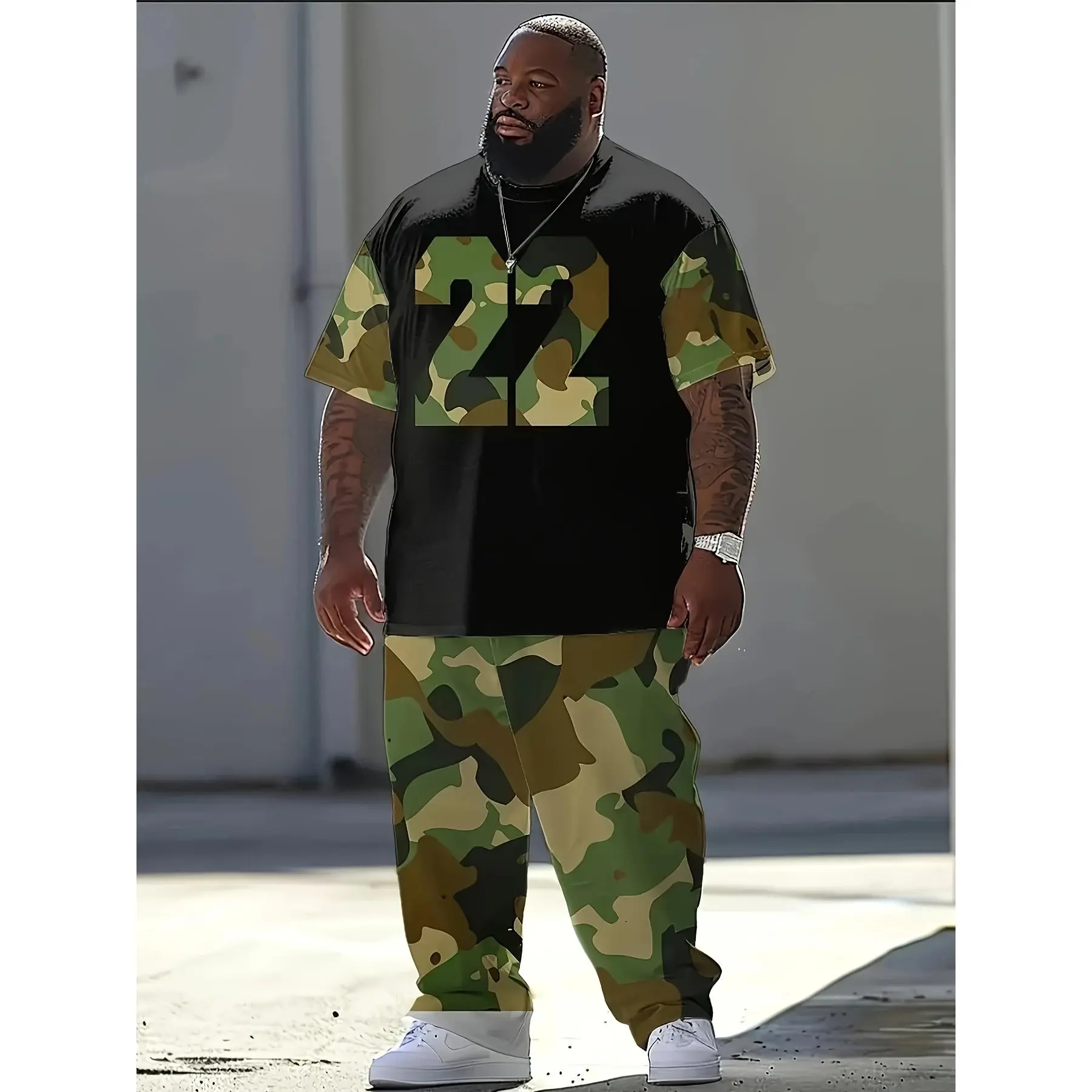 Men's Plus-Size 2-Piece Casual Knit Fabric Outfit - Crew Neck Short-Sleeve Top, Stretch Long Pants, Soft Polyester, Machine Washable, XL, Ideal for Spring Summer