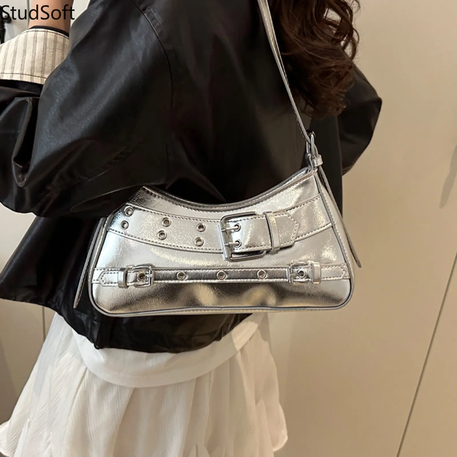 Silver Metallic Shoulder Bag Y2K Punk Style Goth Underarm Purse Faux Leather Multi Buckle Crossbody Handbag Festival Rave